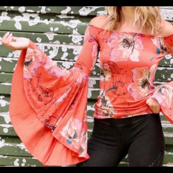 FREE PEOPLE orange/floral bell sleeve top - Picture 3 of 7